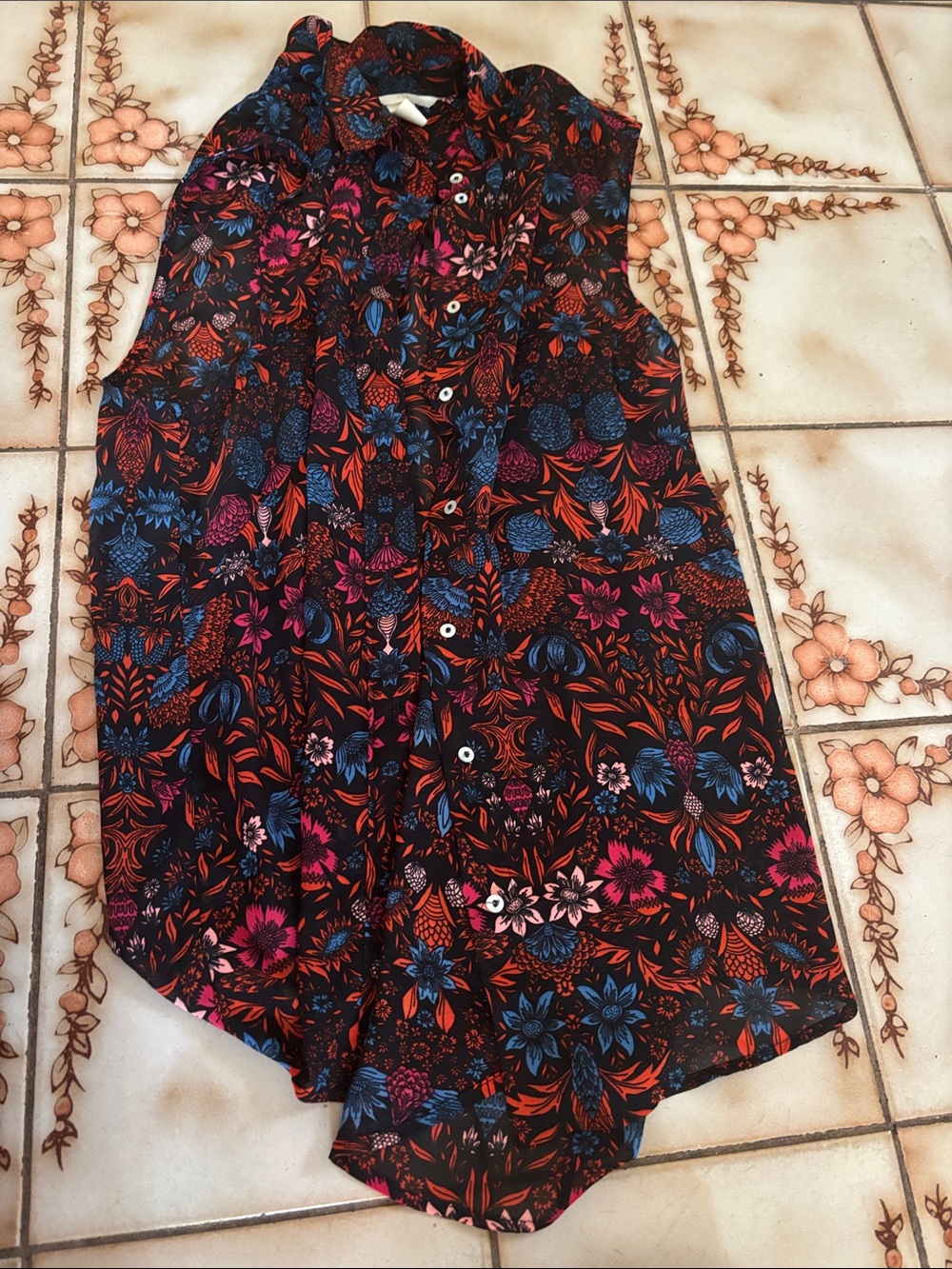 H&M Black High-Low Sleeveless Top with Blue & Pink Floral Print